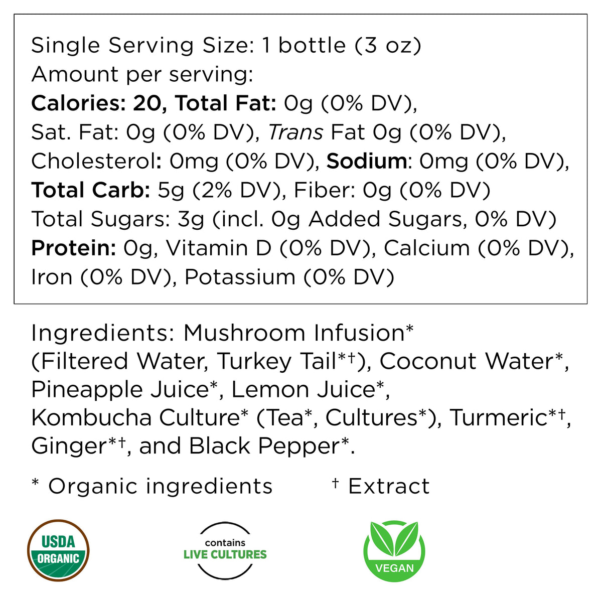 Nutrition facts and ingredients for Shroomworks Immunity Glow Turkey Tail wellness shot