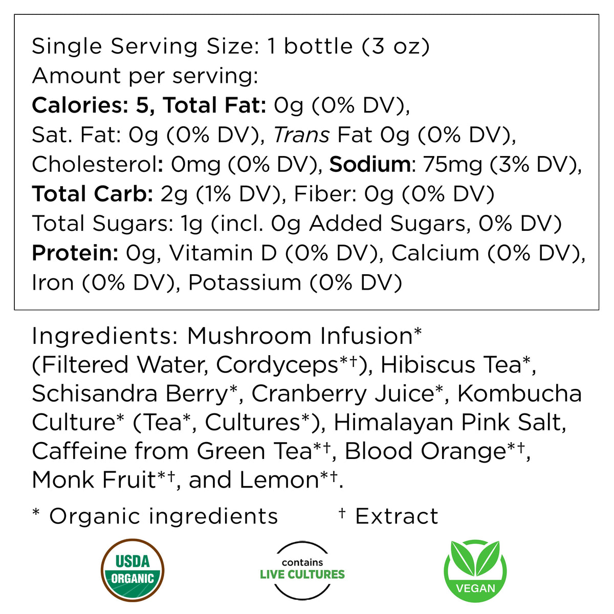 Nutrition facts and ingredients for Shroomworks Inner Energy Cordyeps Mushroom wellness shot