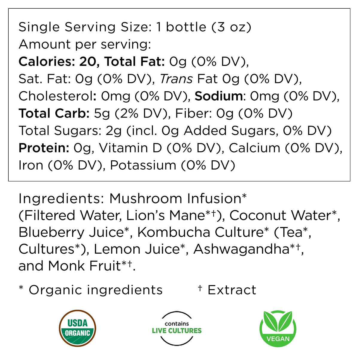 Nutrition facts and ingredients for Shroomworks Mental Magic Lions Mane wellness shot
